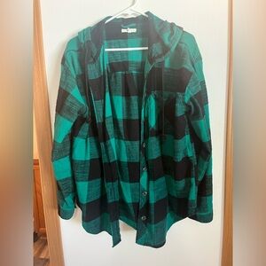 Green and Black Plaid Hooded Shirt